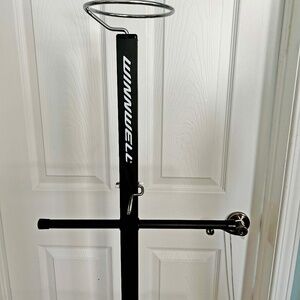 NECKLACE OR SCARF STAND, BLACK STEEL, 3 LONG RODS, 2 SHORT RODS, 1 ROUND HOLDER